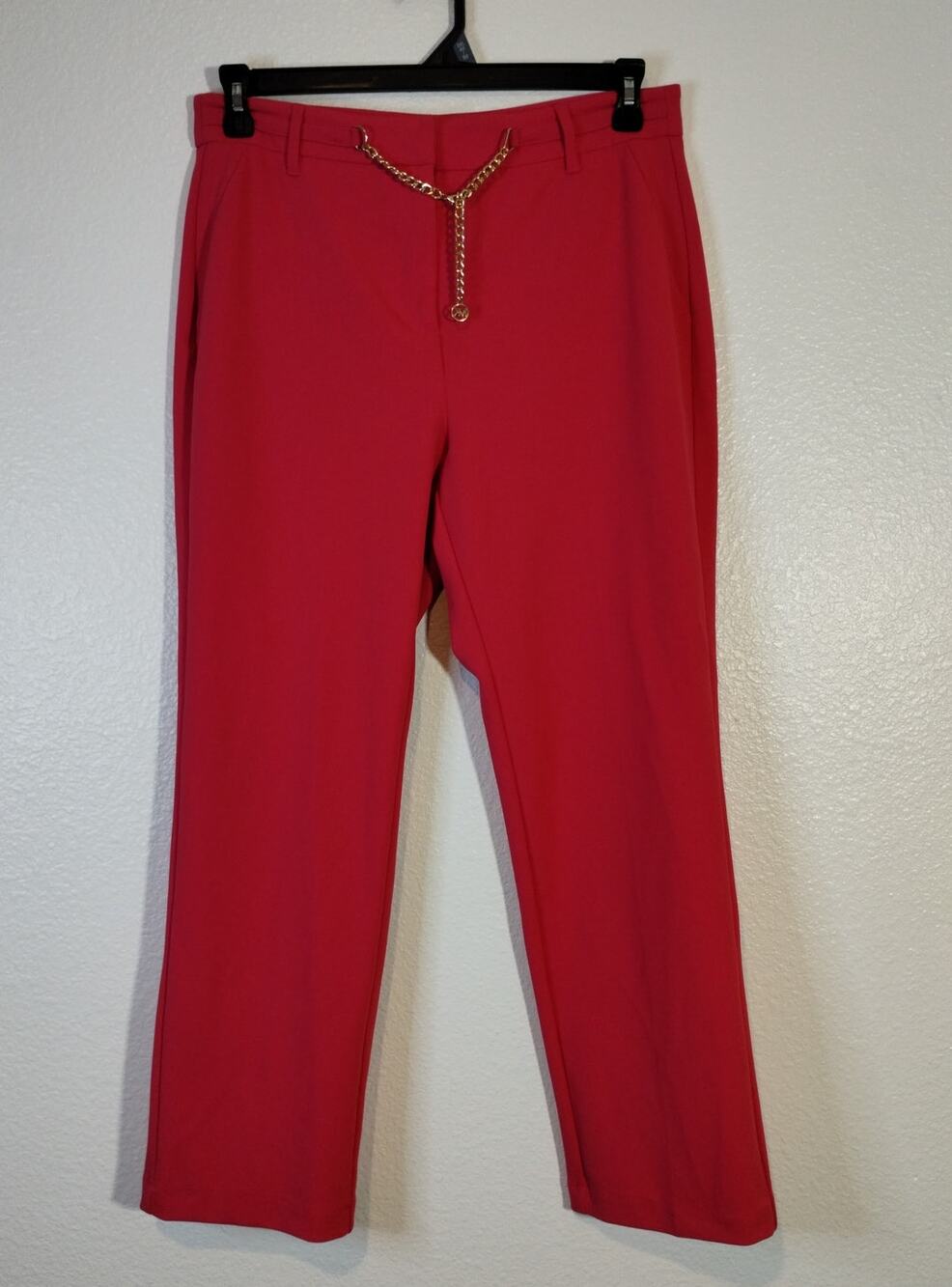 Michael Kors Size 10 Hot Coral Pink Gold-Tone Waist Chain High-Rise Dress Pants
